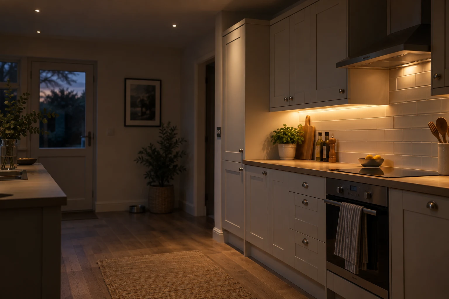 Kitchen with warm under-cabinet feature lighting